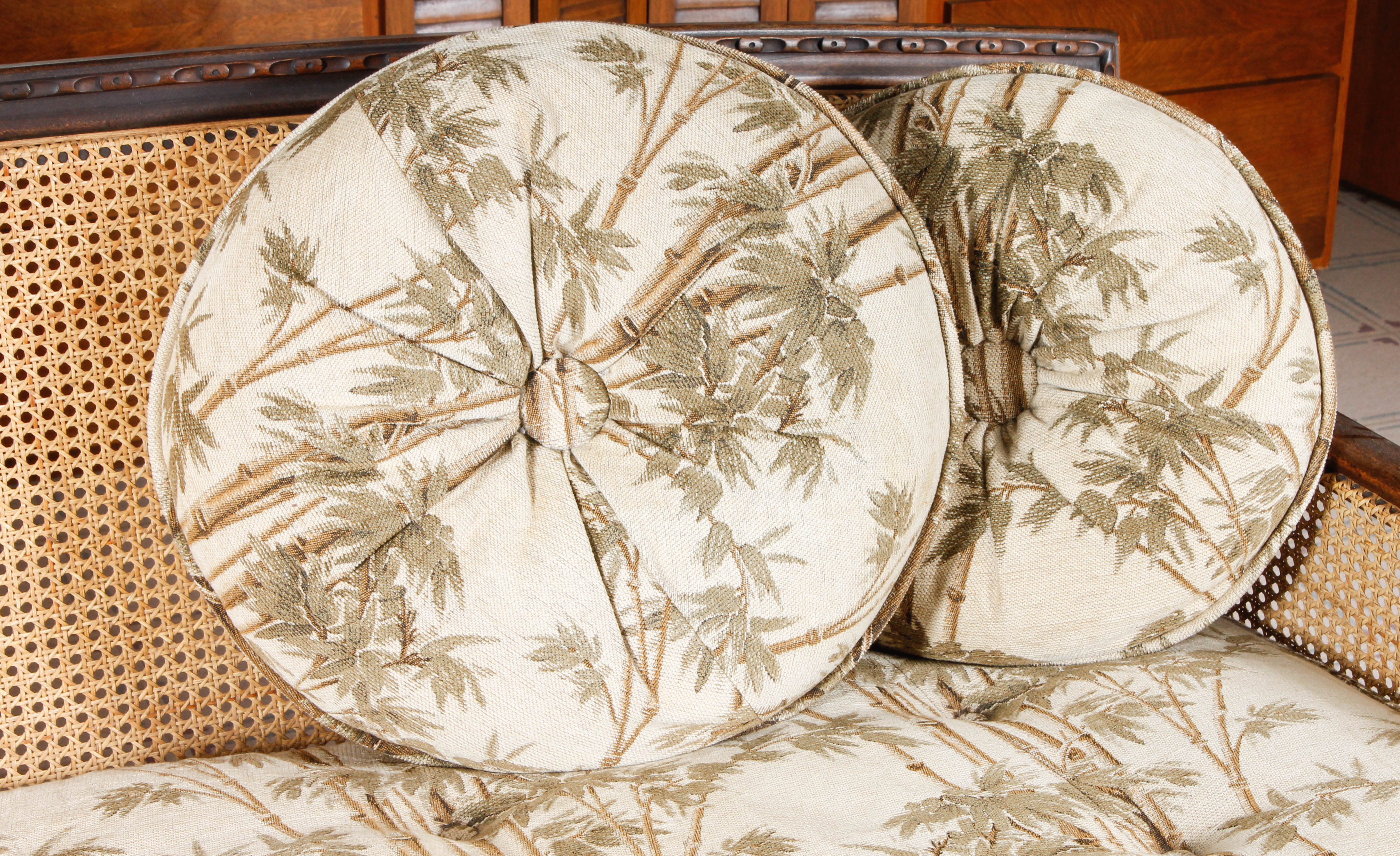 Vintage Plantation-Style Caned and Upholstered Sofa