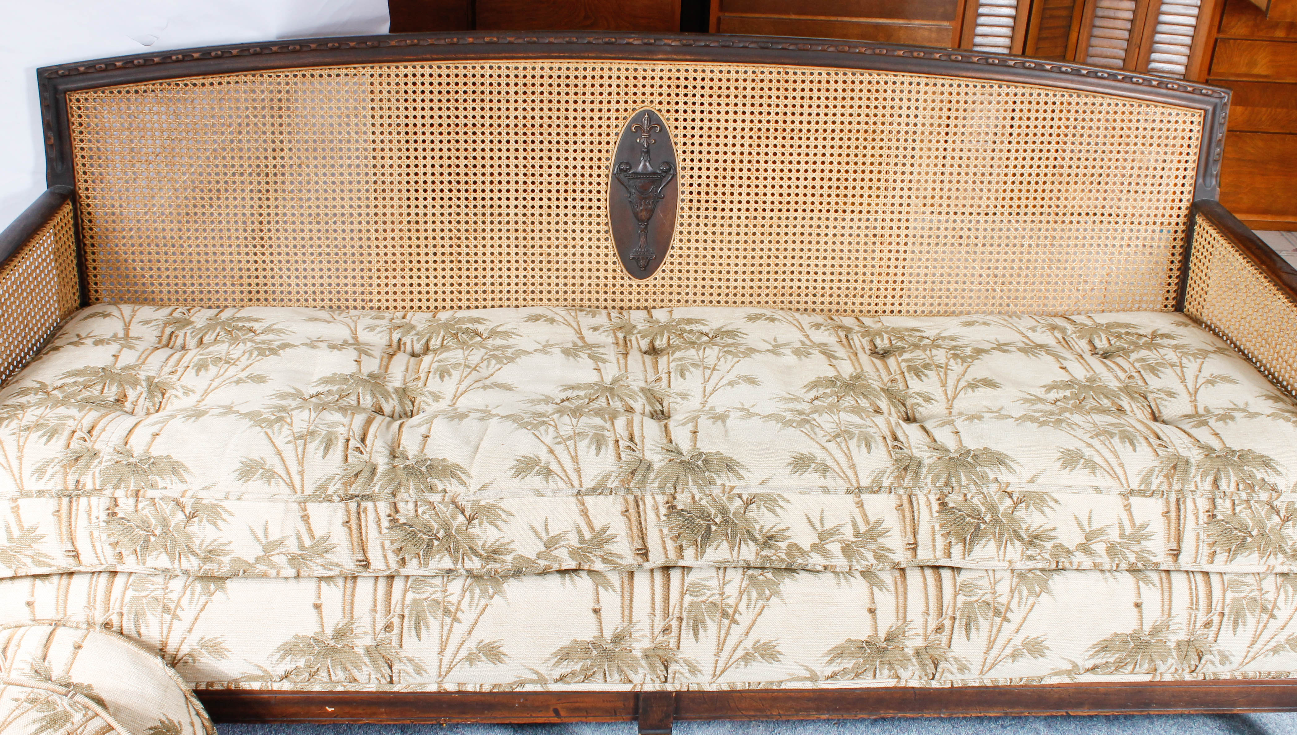 Vintage Plantation-Style Caned and Upholstered Sofa