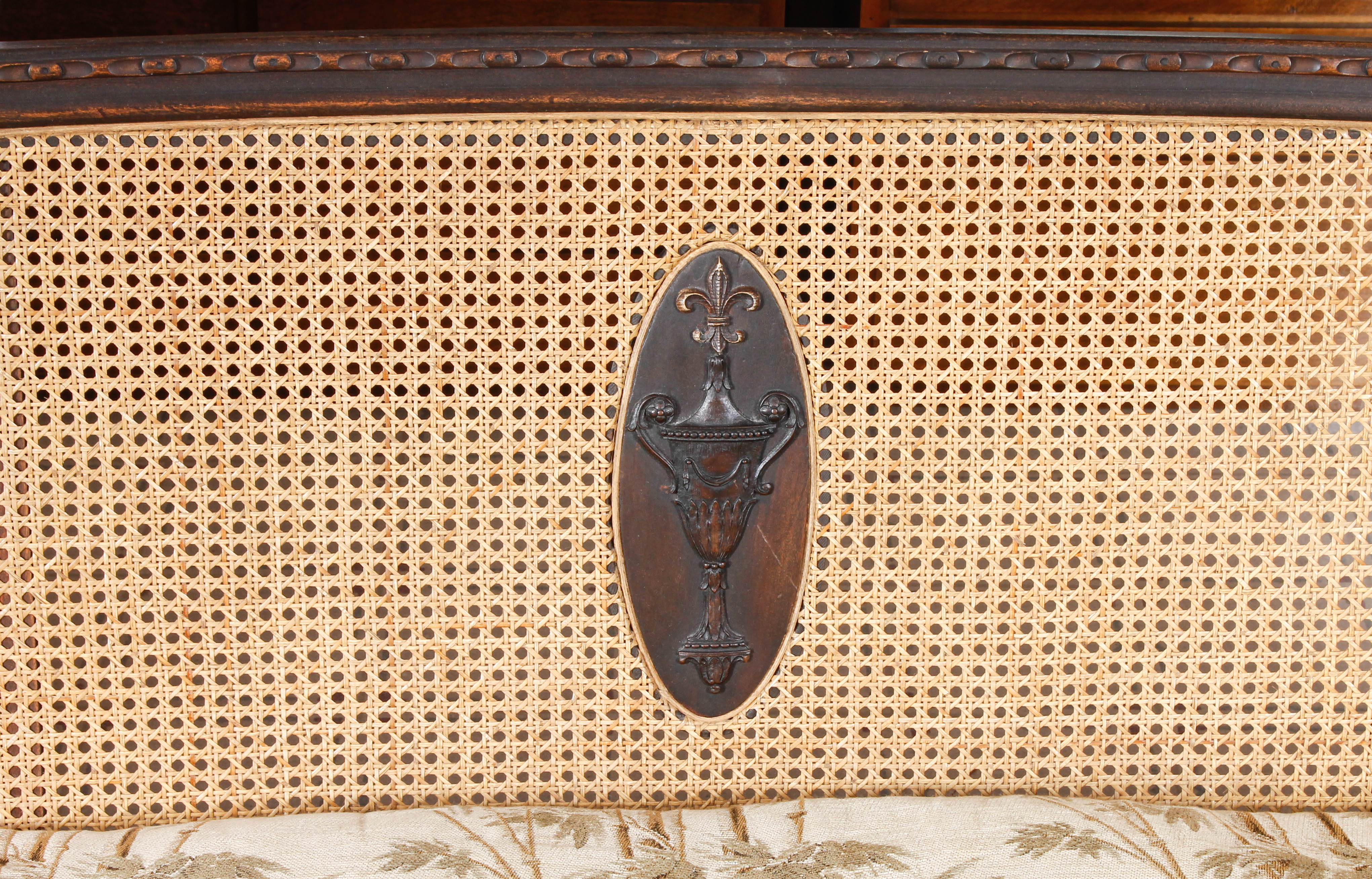 Vintage Plantation-Style Caned and Upholstered Sofa