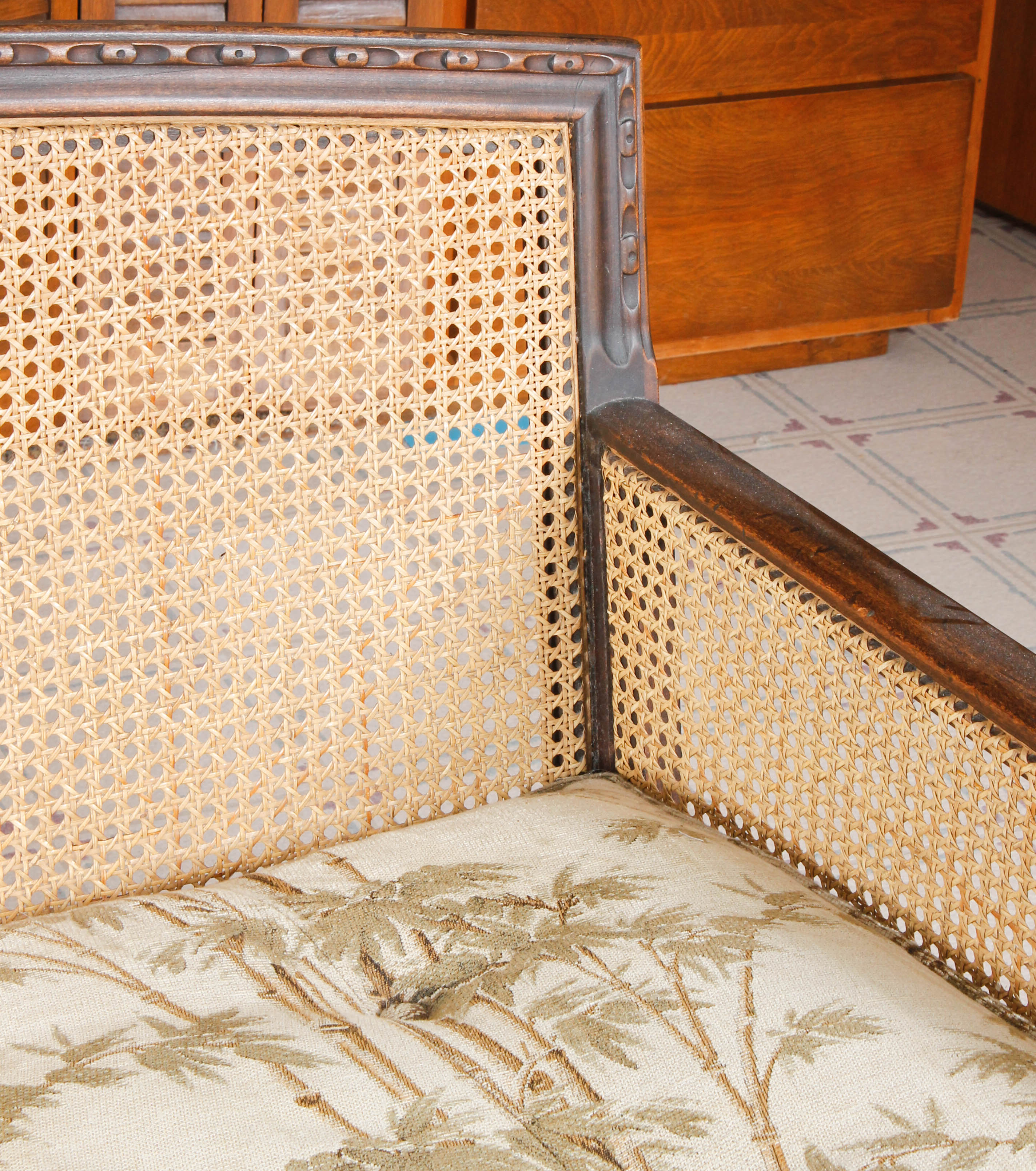 Vintage Plantation-Style Caned and Upholstered Sofa