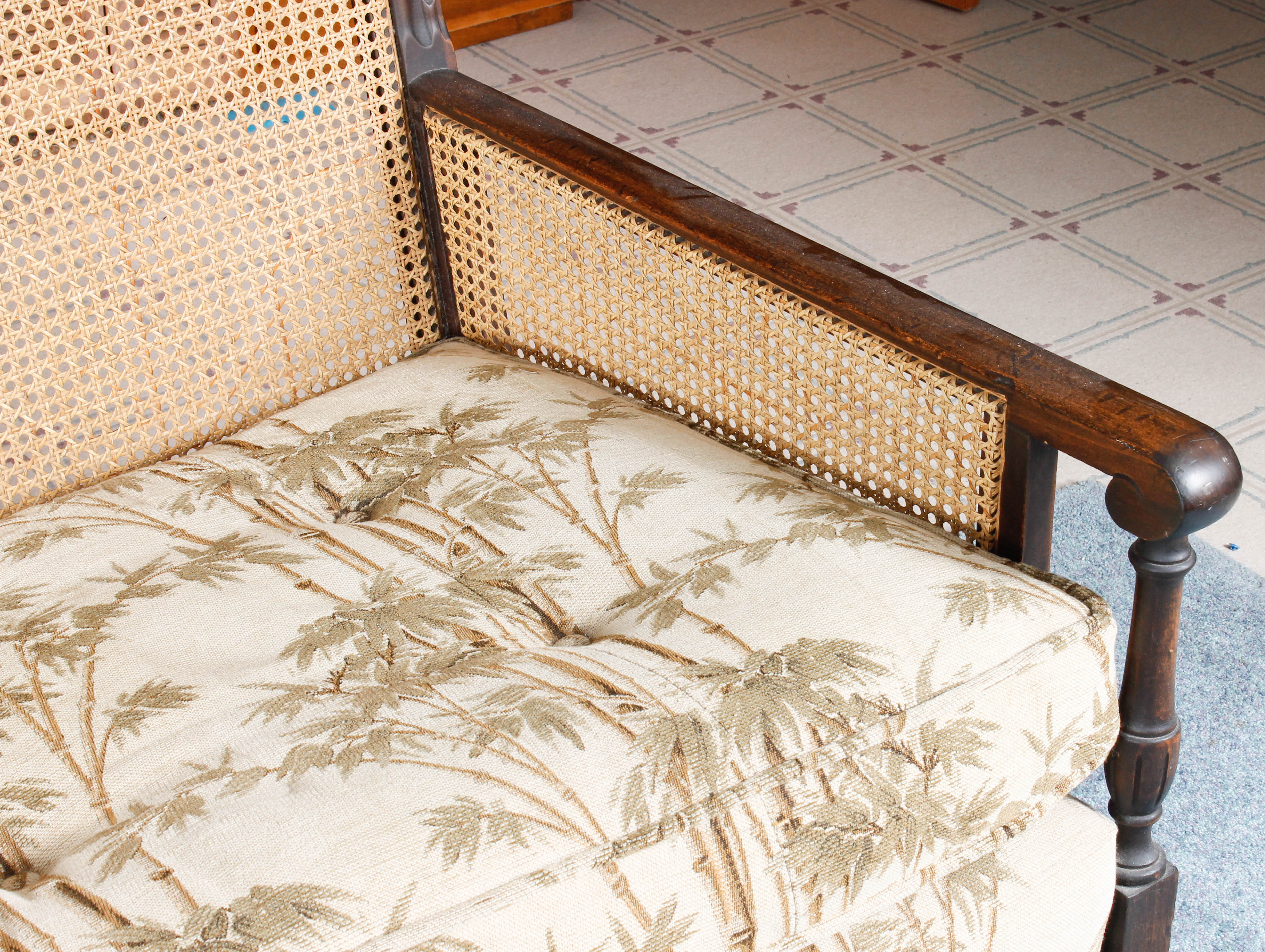 Vintage Plantation-Style Caned and Upholstered Sofa