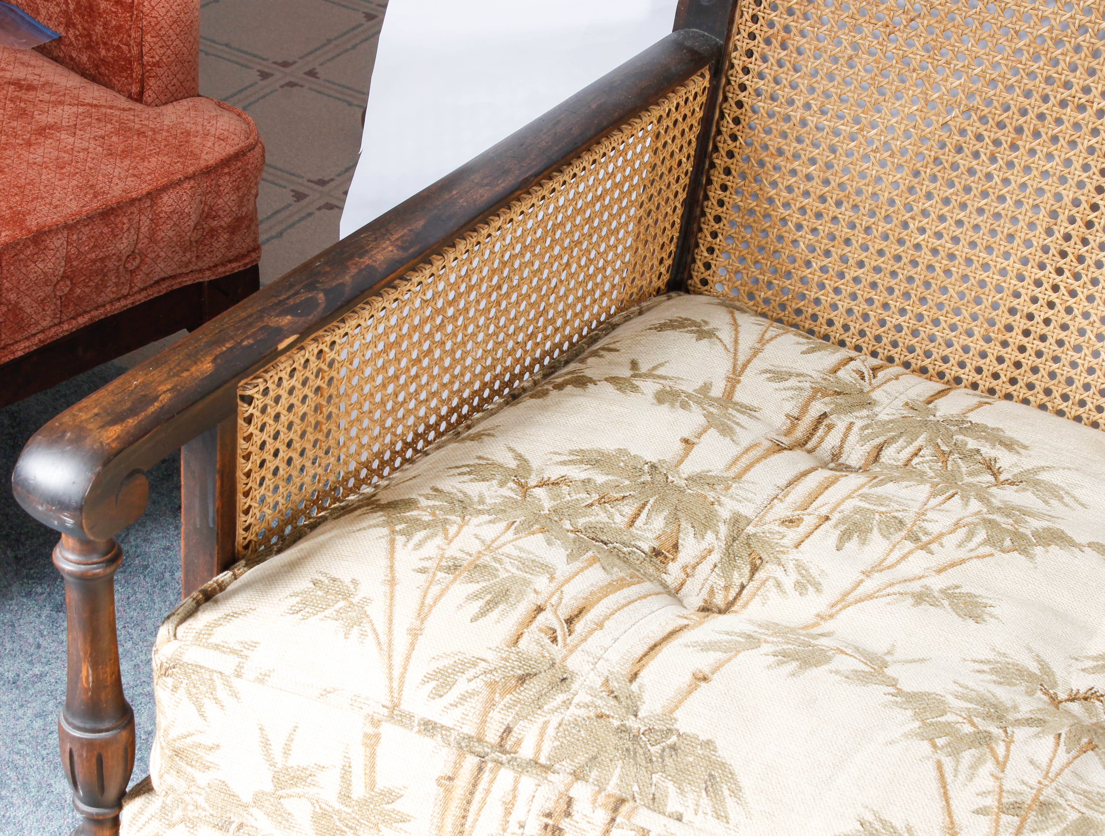 Vintage Plantation-Style Caned and Upholstered Sofa