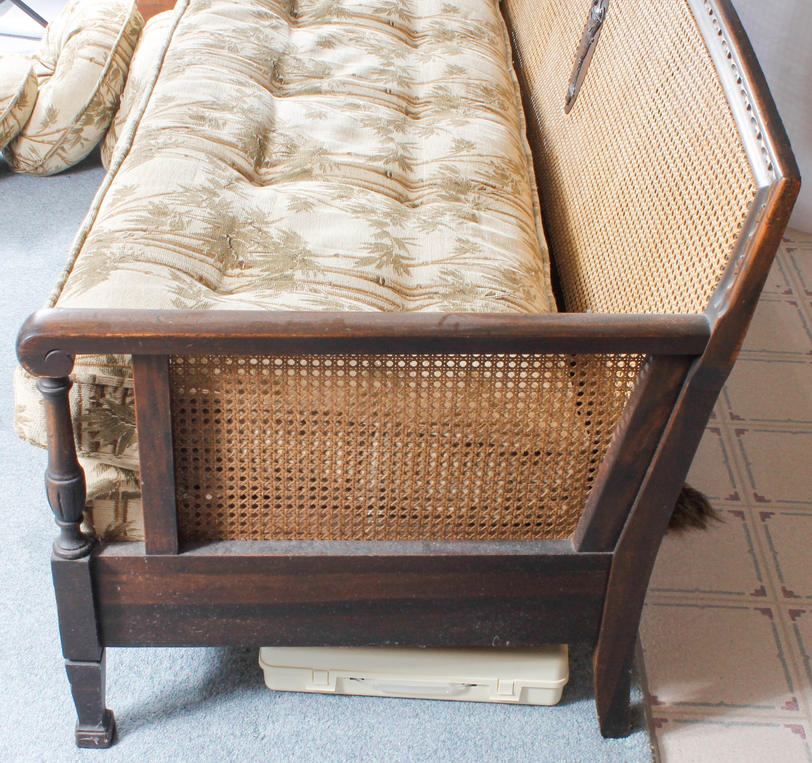 Vintage Plantation-Style Caned and Upholstered Sofa
