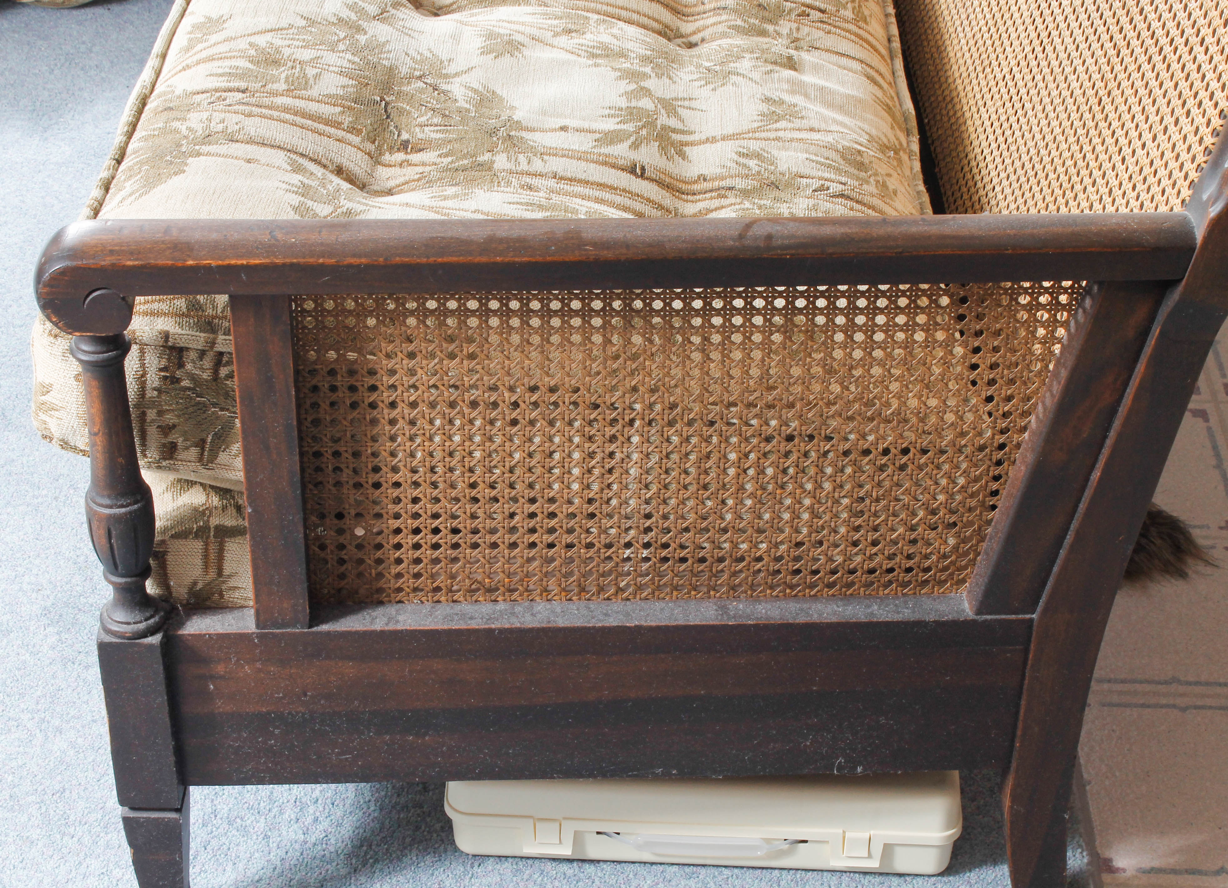 Vintage Plantation-Style Caned and Upholstered Sofa