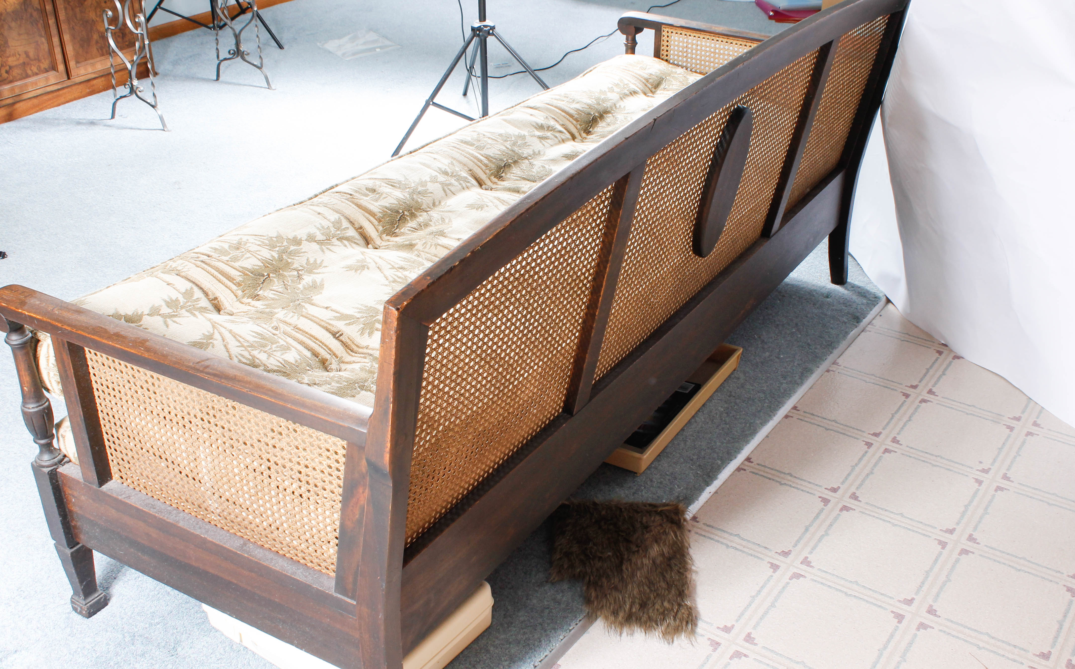 Vintage Plantation-Style Caned and Upholstered Sofa