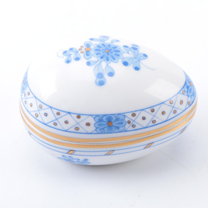 Herend Hungary "Blue Garden" Egg-Shaped Porcelain Trinket Box