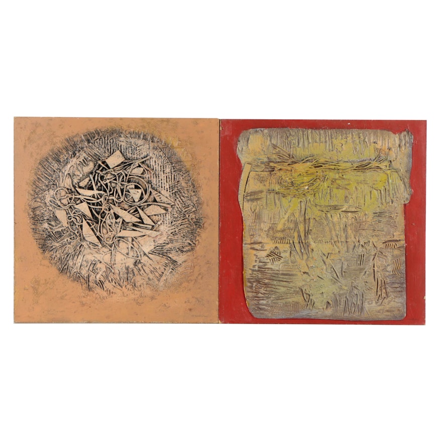 Pair of Ronald Ahlström Mixed Media Collage on Board Abstract Scenes