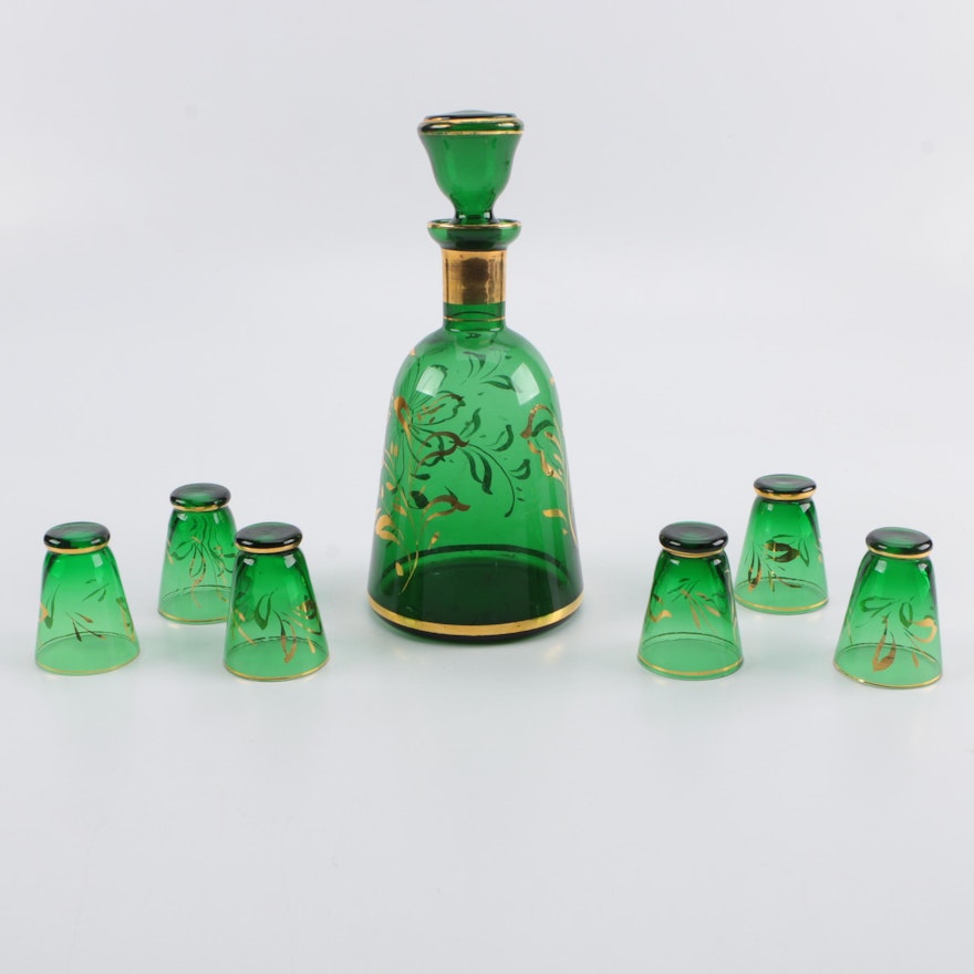 Green Glass Decanter And Shot Glasses
