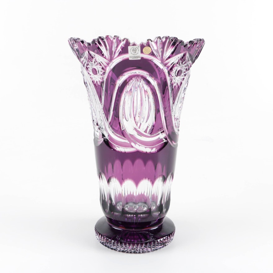 Czechoslovakian Amethyst Cut to Clear Caesar Crystal Bohemiae Vase