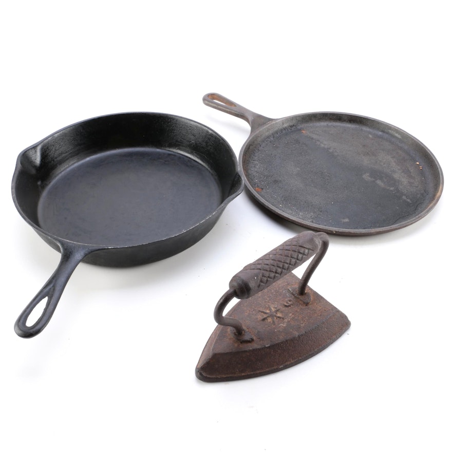 Vintage Cast Iron Skillet and Sad Iron and Contemporary Lodge Cast Iron Griddle