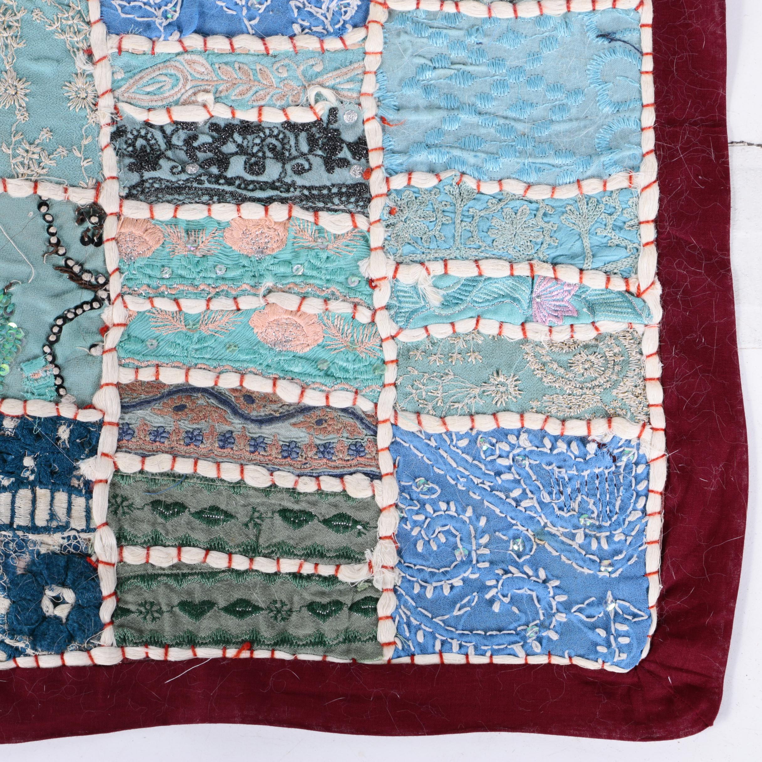 Hand Sewn Indian Pieced and Embroidered Quilt