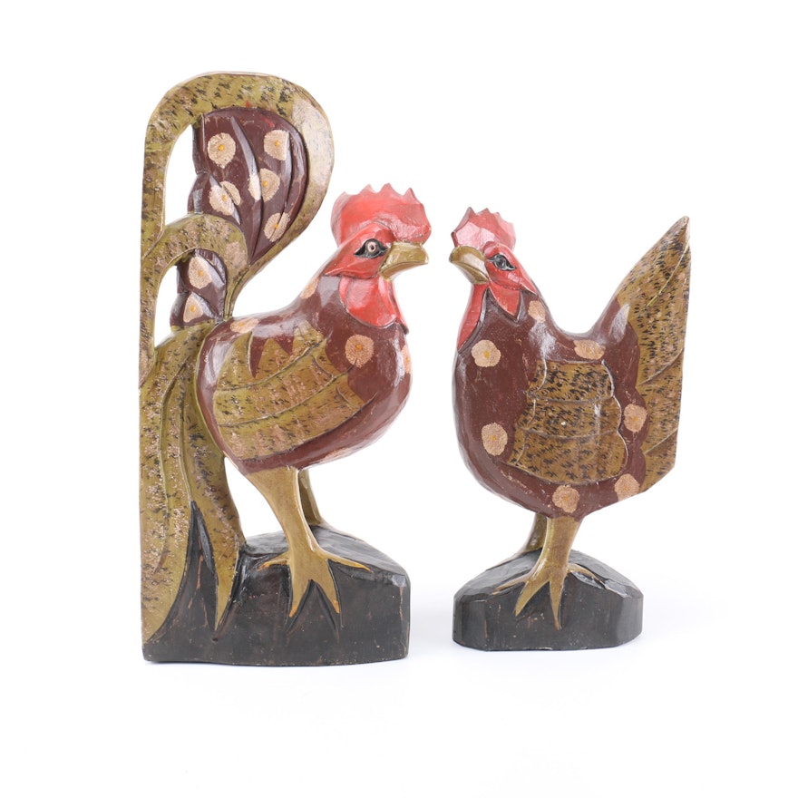 Wood Carved Rooster and Hen from Indonesia