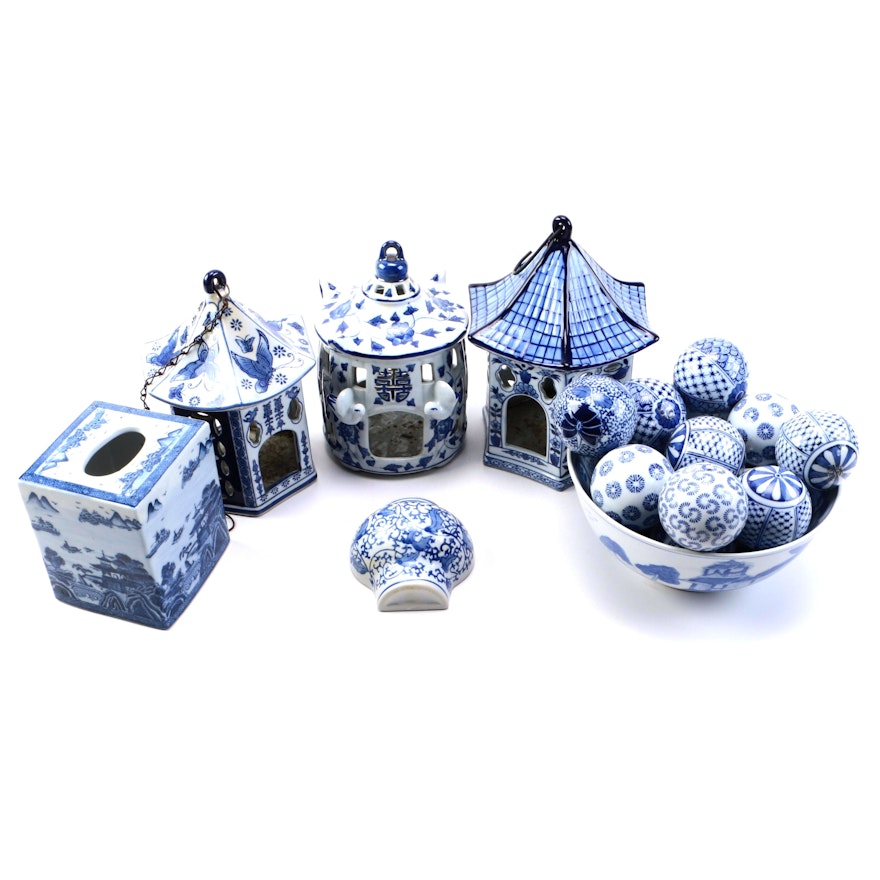 Assortment of  Blue and White Ceramic Decor and Birdhouses