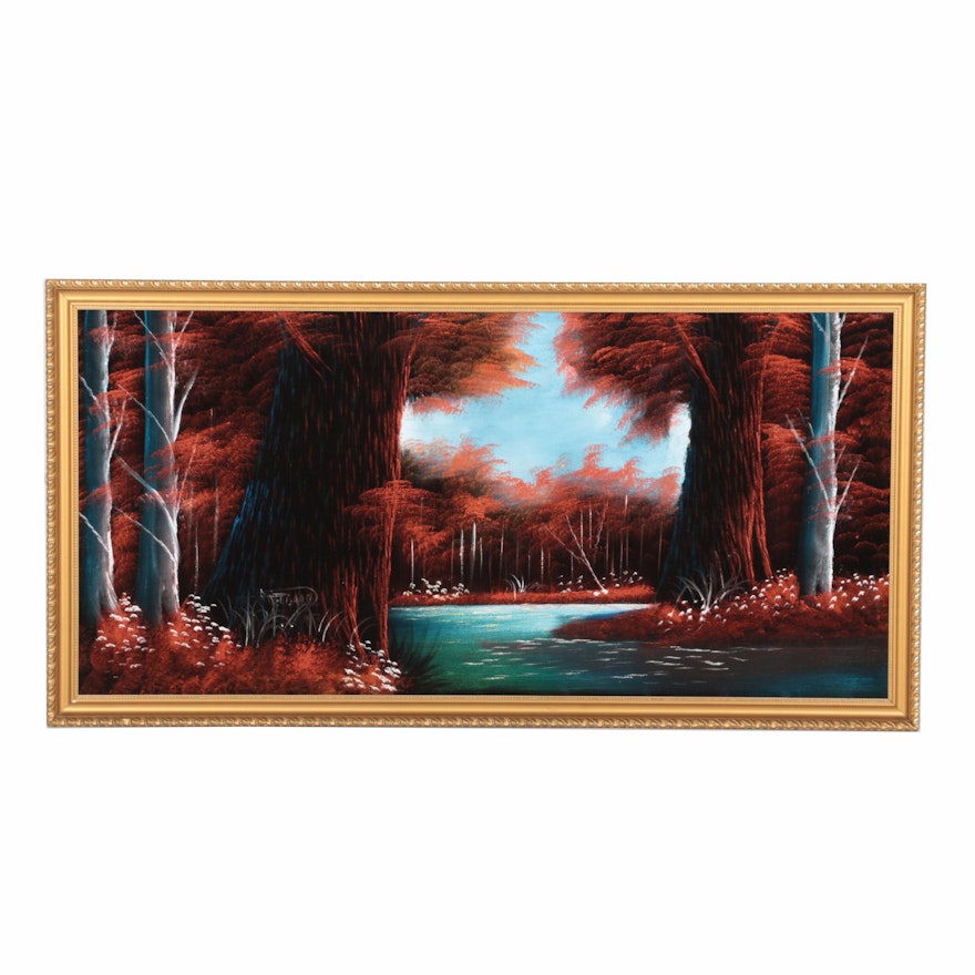 R. Delgado Oil on Velvet Landscape