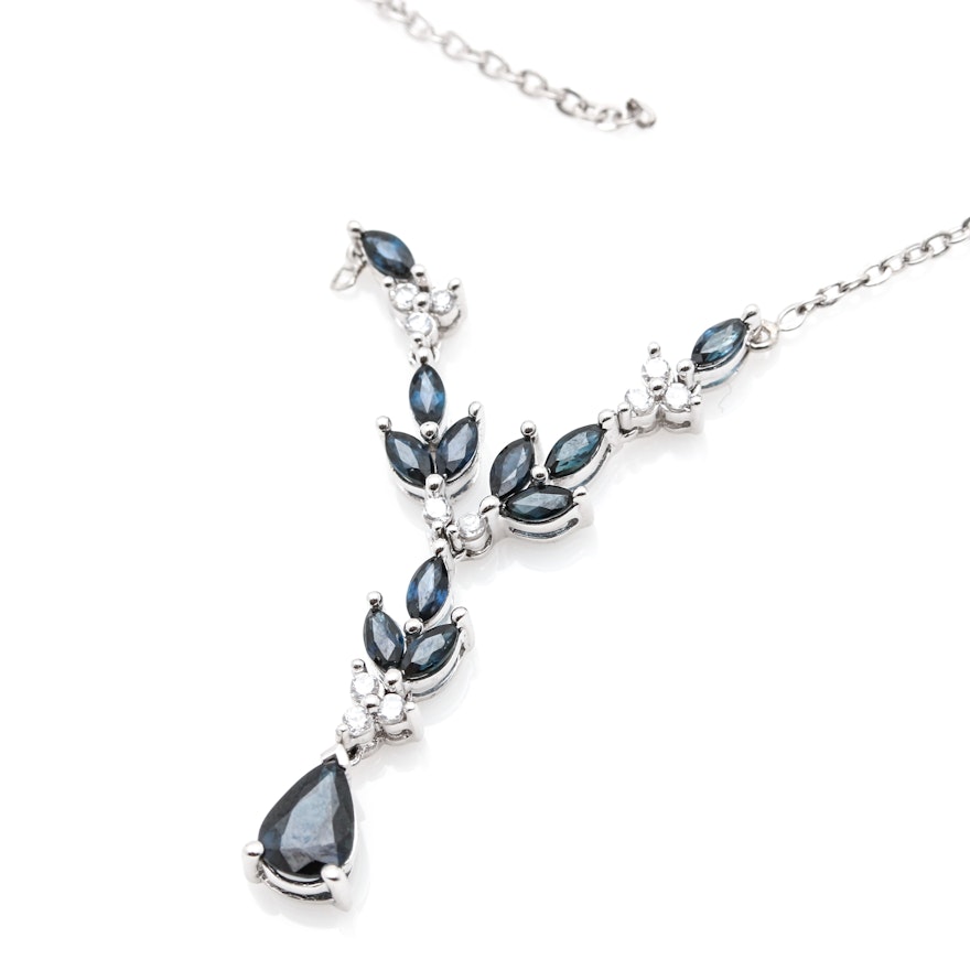 14K White Gold Sapphire & Cubic Zirconia Necklace