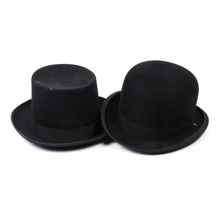 Pair of Men's Vintage Black Wool Hats and Hatboxes