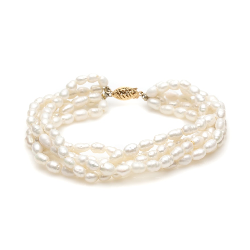 Cultured Pearl Multi Strand Bracelet With 14K Yellow Gold Finding