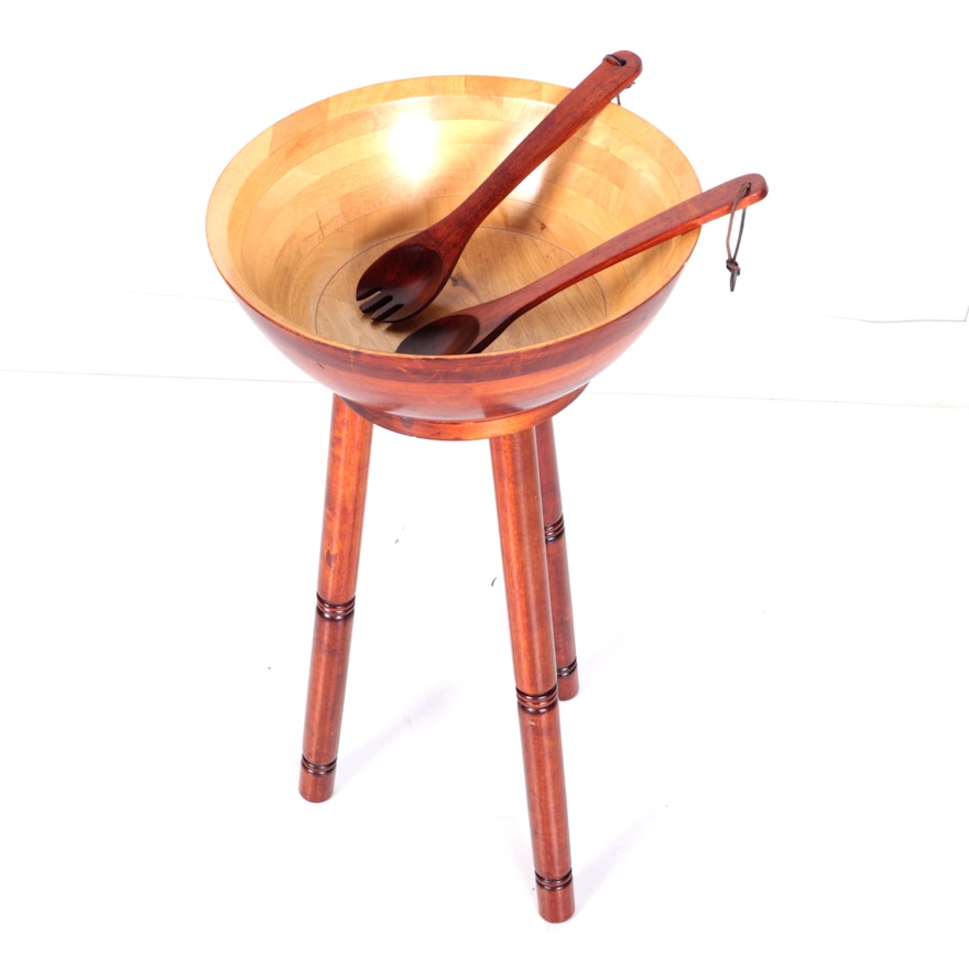 Mahogany Tone Wooden Stand, Serving Bowl and Utensils