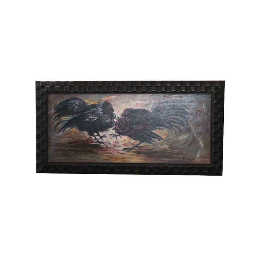 R.F. Bustillo Oil Painting of a Cock Fight