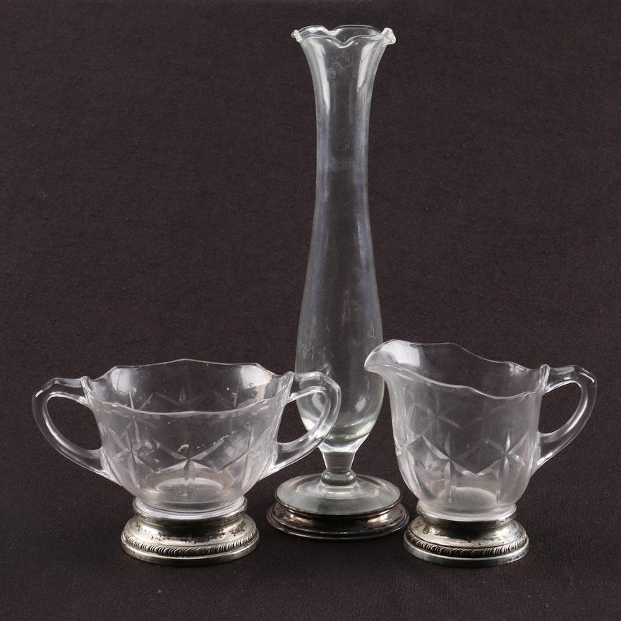 Cut Glass Creamer and Sugar with Sterling Silver Foot and Glass Bud Vase