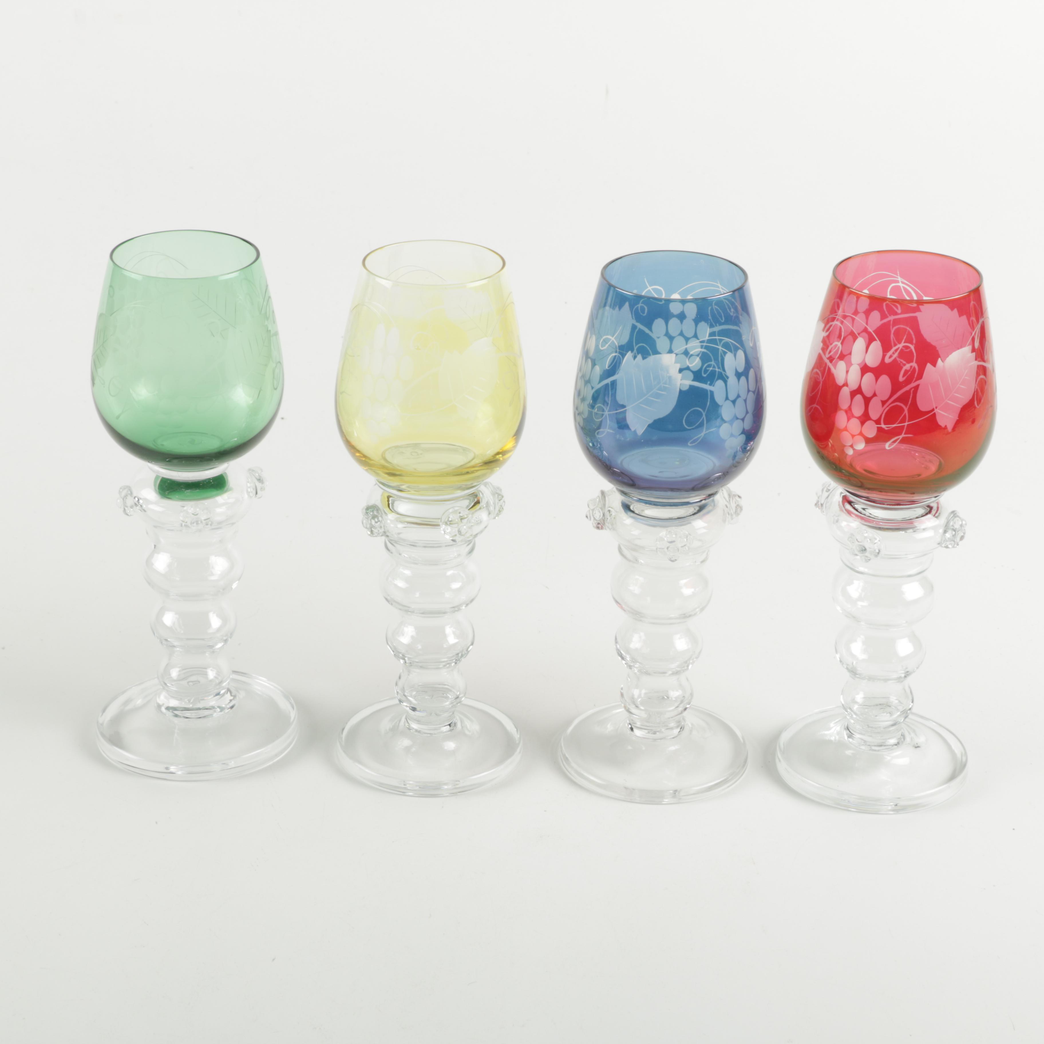 German White Wine Glasses with Engraved Colored Bowls