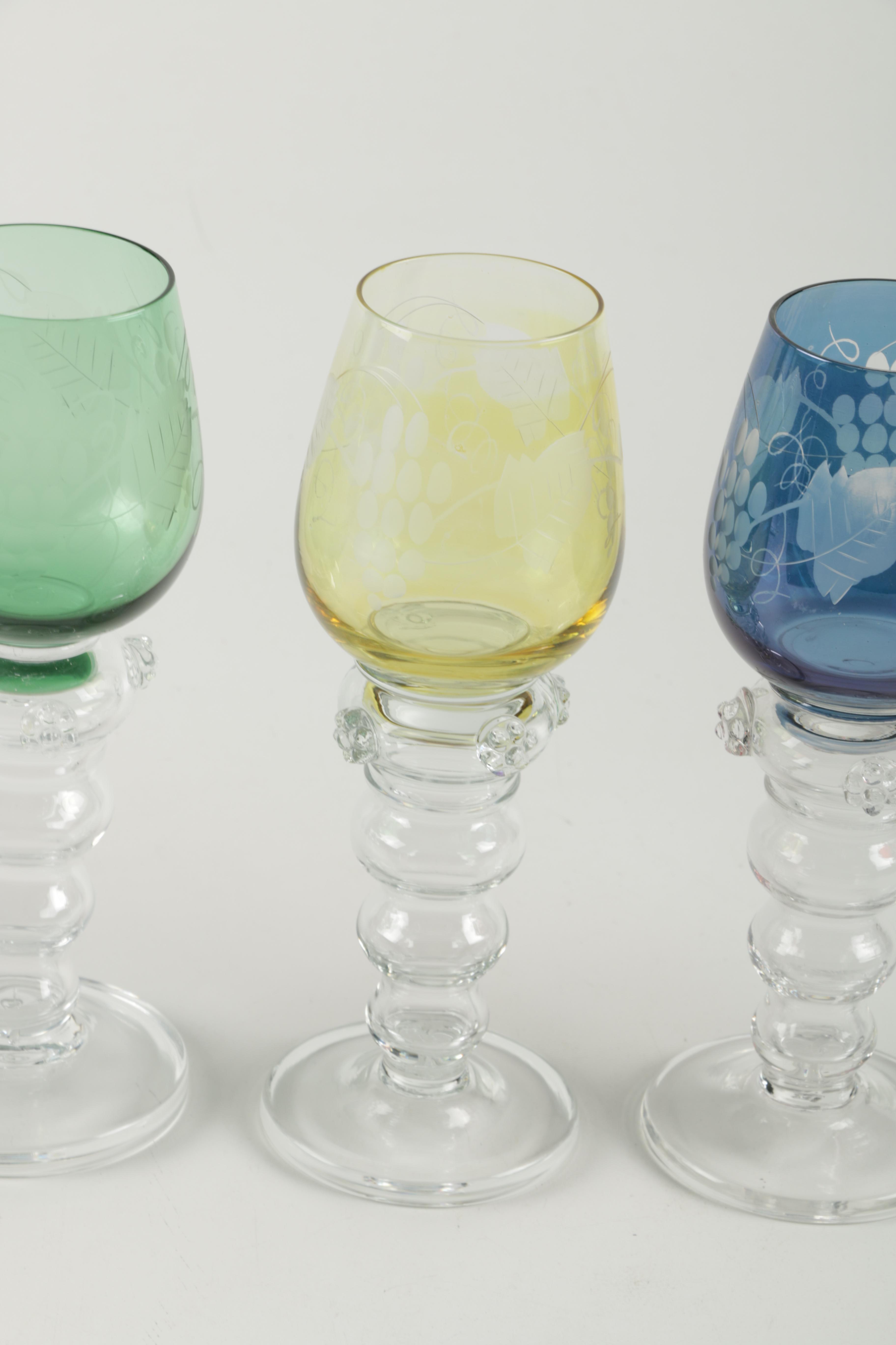 German White Wine Glasses with Engraved Colored Bowls