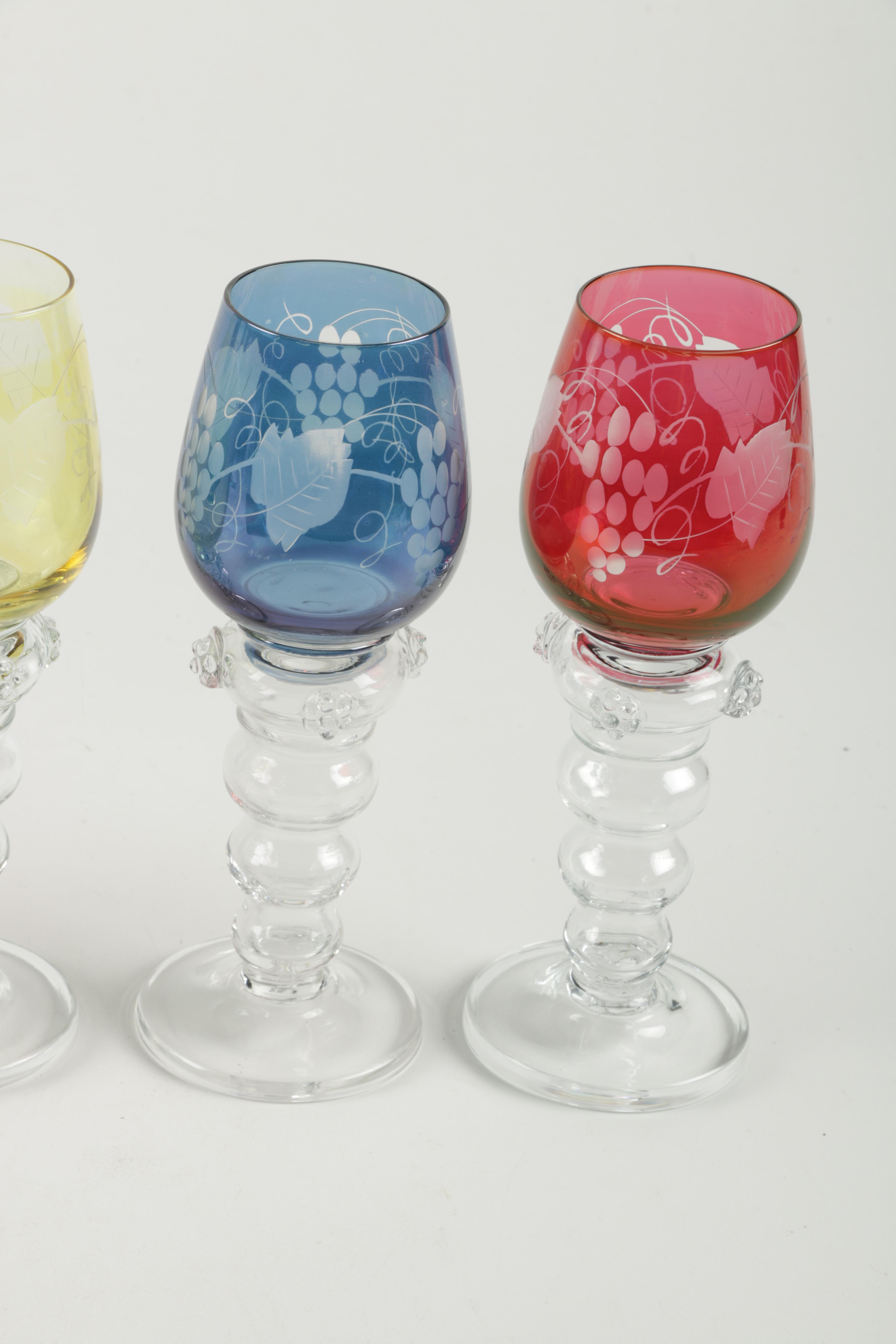 German White Wine Glasses with Engraved Colored Bowls