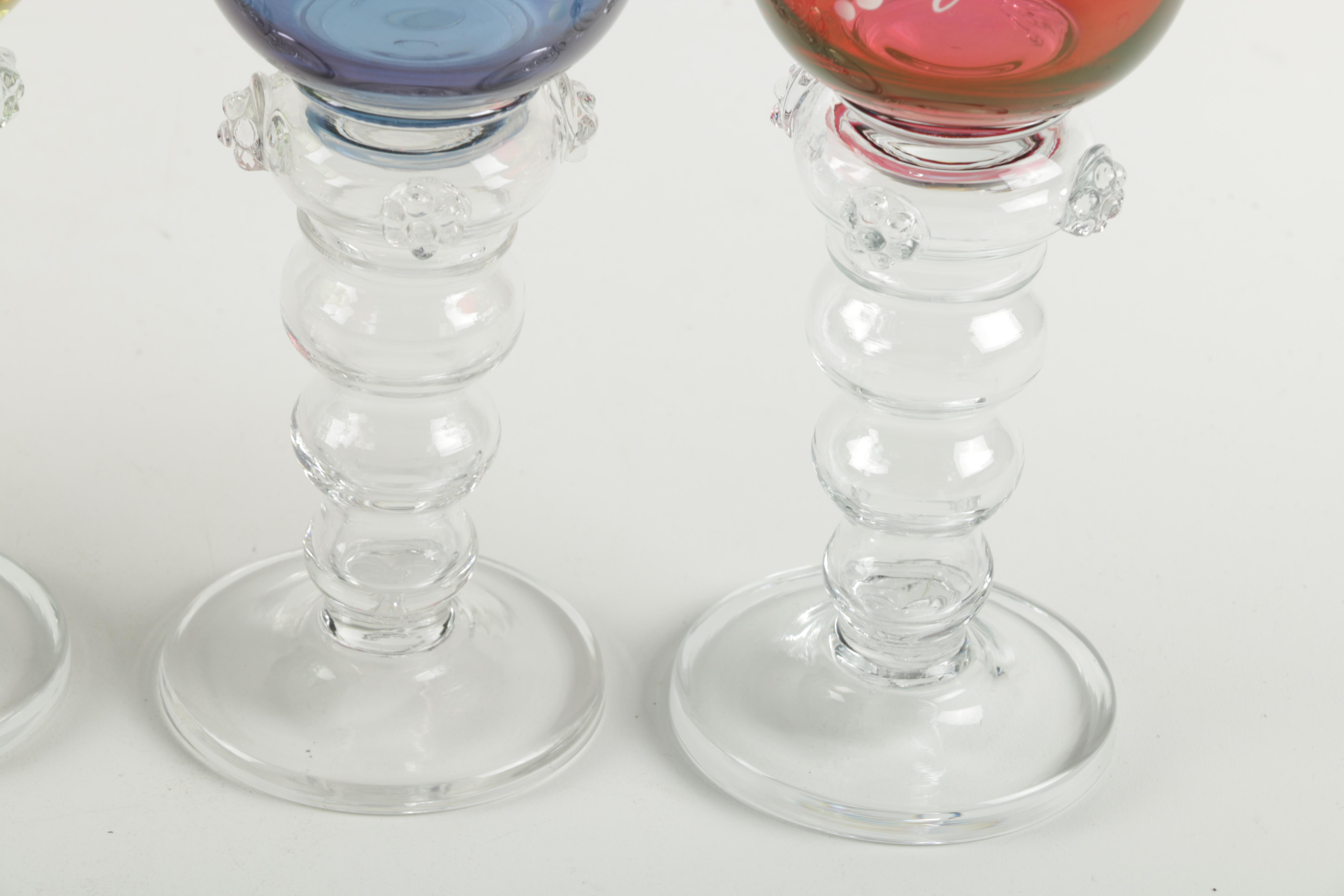 German White Wine Glasses with Engraved Colored Bowls