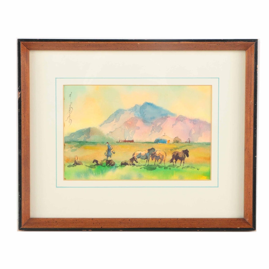 Watercolor on Paper of Horses Grazing