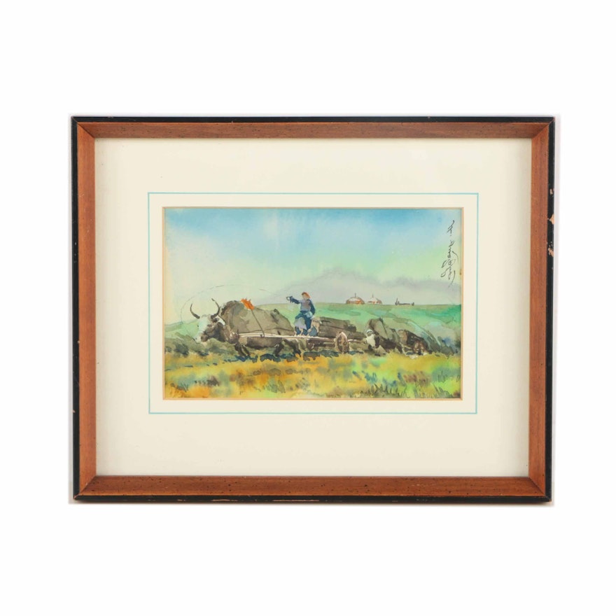 Mongolian Watercolor of Oxen and Carts