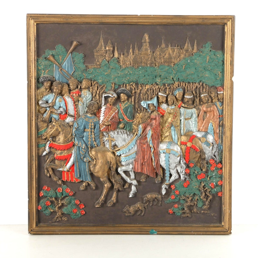 Marcus Designs Hand Painted Metal Relief Panel After 14th Century Painting "May"