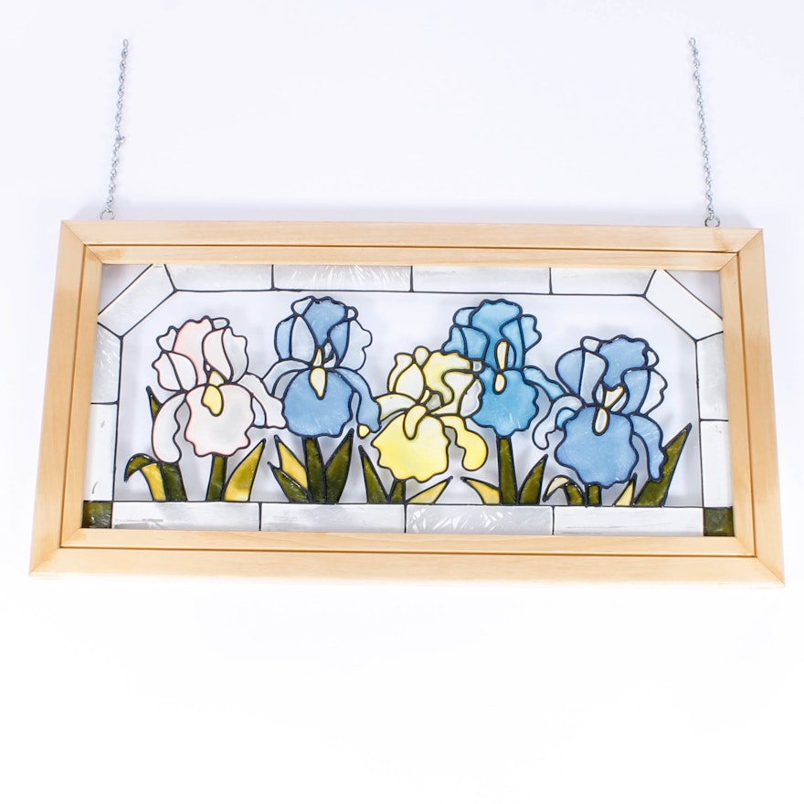 Hanging Stained Glass Panel Featuring Irises