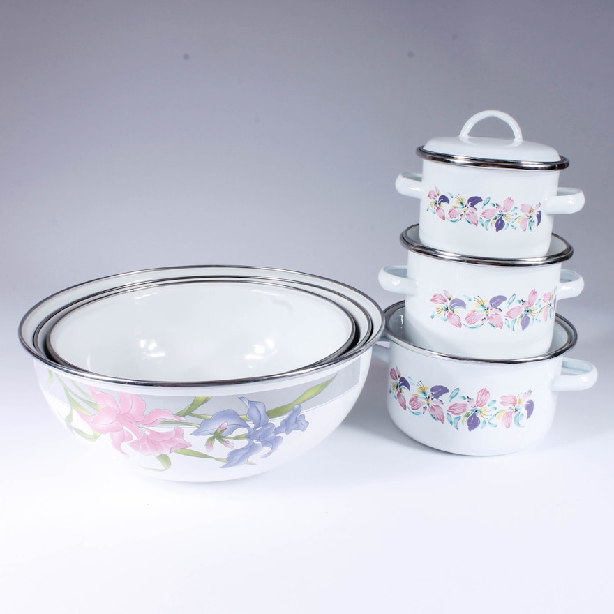 Collection of Metal and Enameled Floral Cookware
