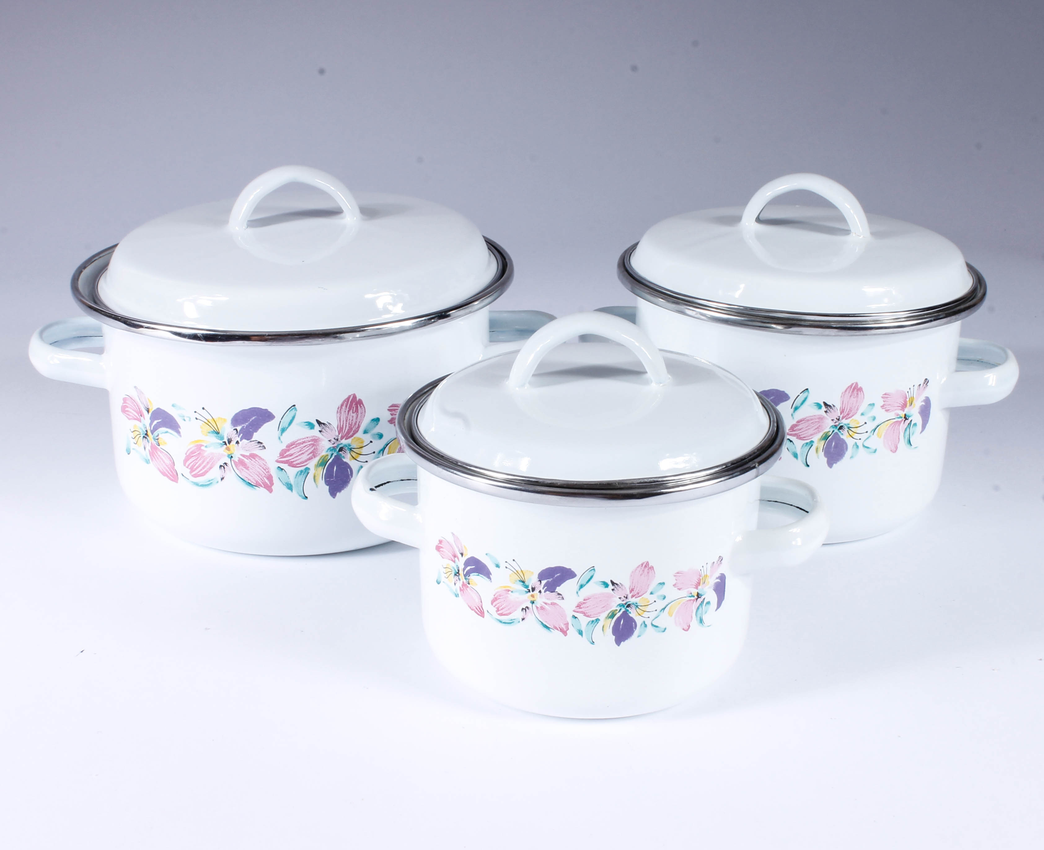 Collection of Metal and Enameled Floral Cookware