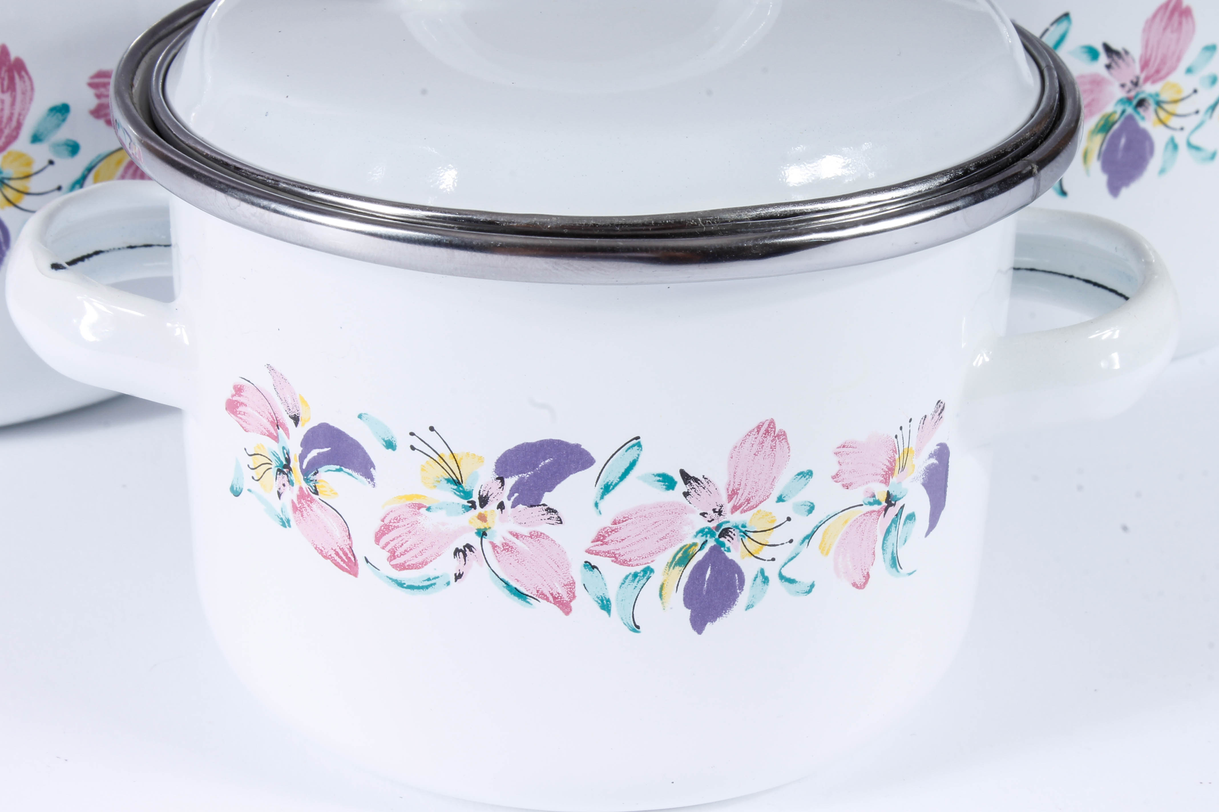 Collection of Metal and Enameled Floral Cookware