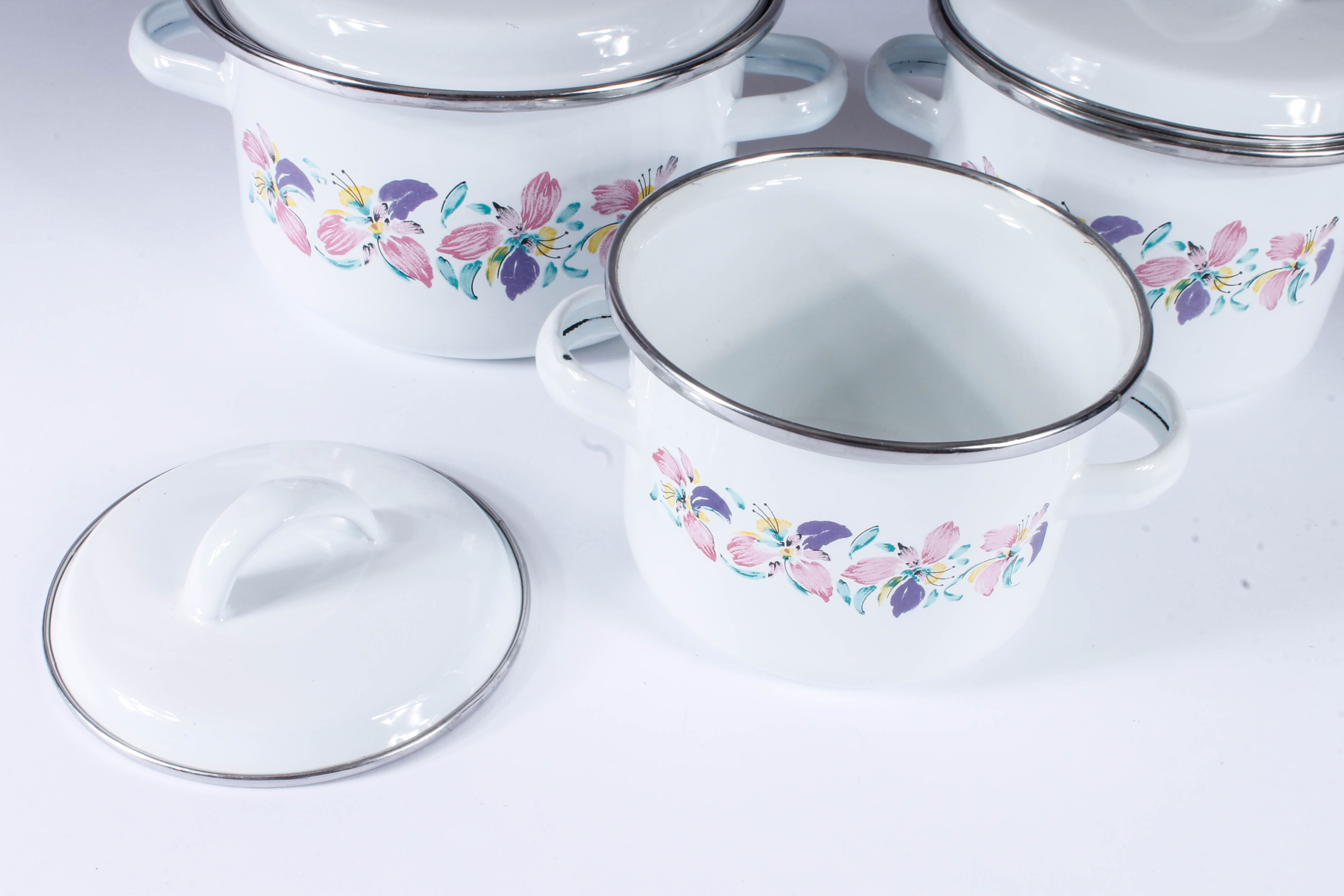 Collection of Metal and Enameled Floral Cookware