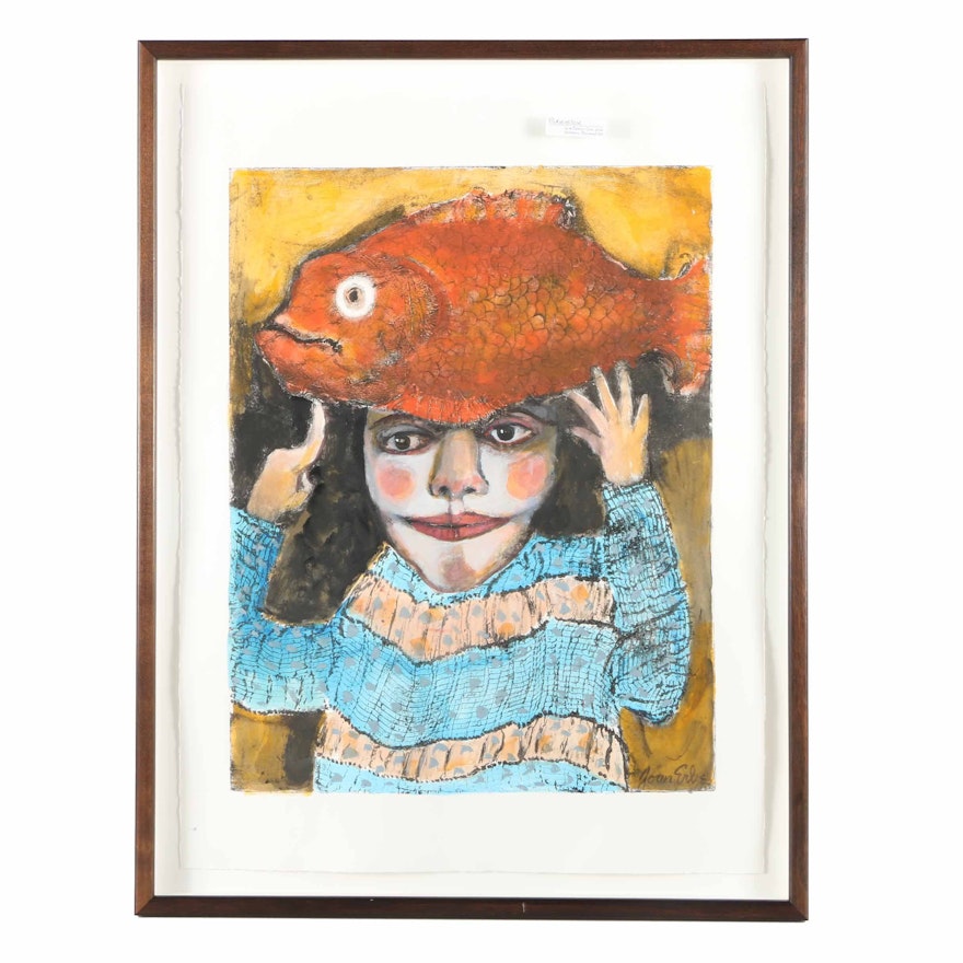 Joan Erbe Hand-Colored Collagraph Print of Child With Goldfish