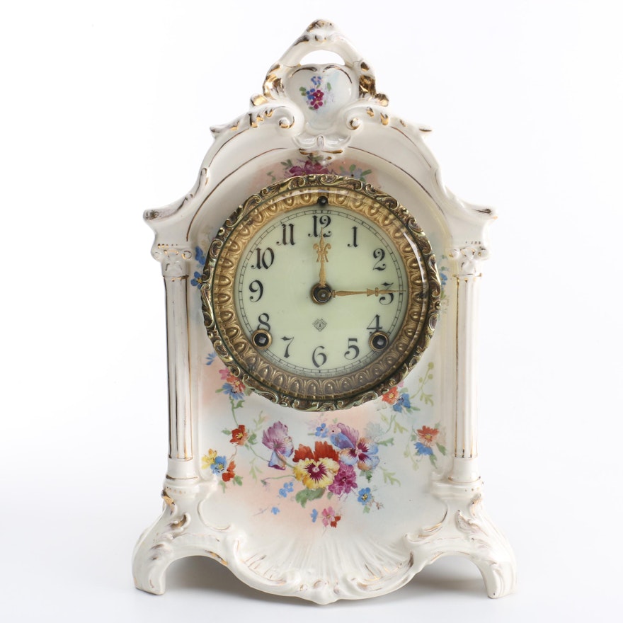 Victorian Style Royal Bonn Porcelain Case Mantel Clock