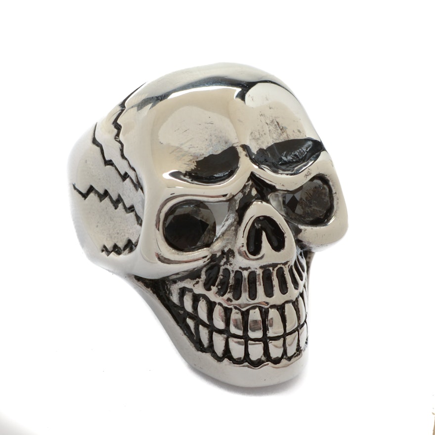 Silver Tone Metal Cubic Zirconia Skull Ring