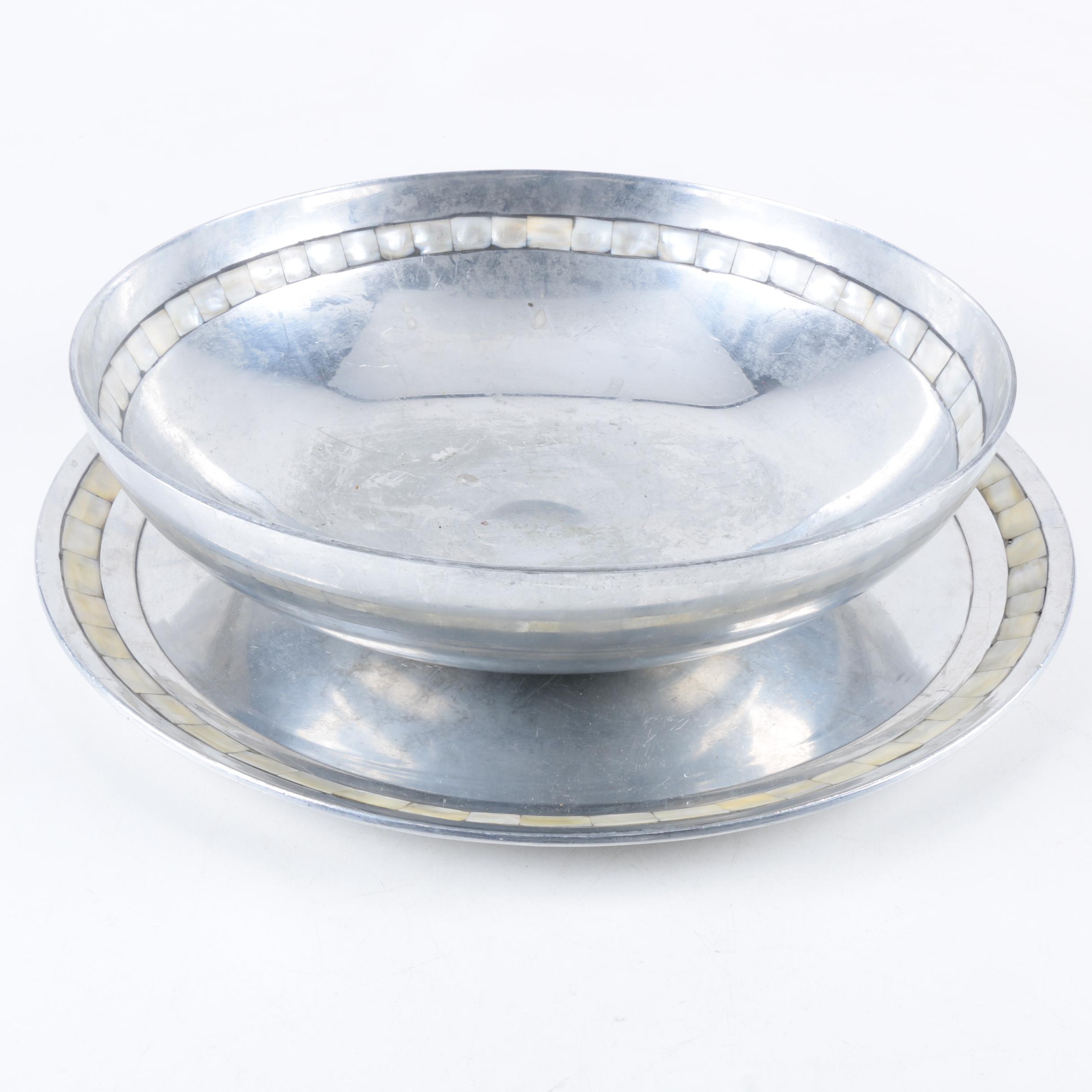 Towle Silver Plate Serving Bowl and Platter with Mother of Pearl Trim