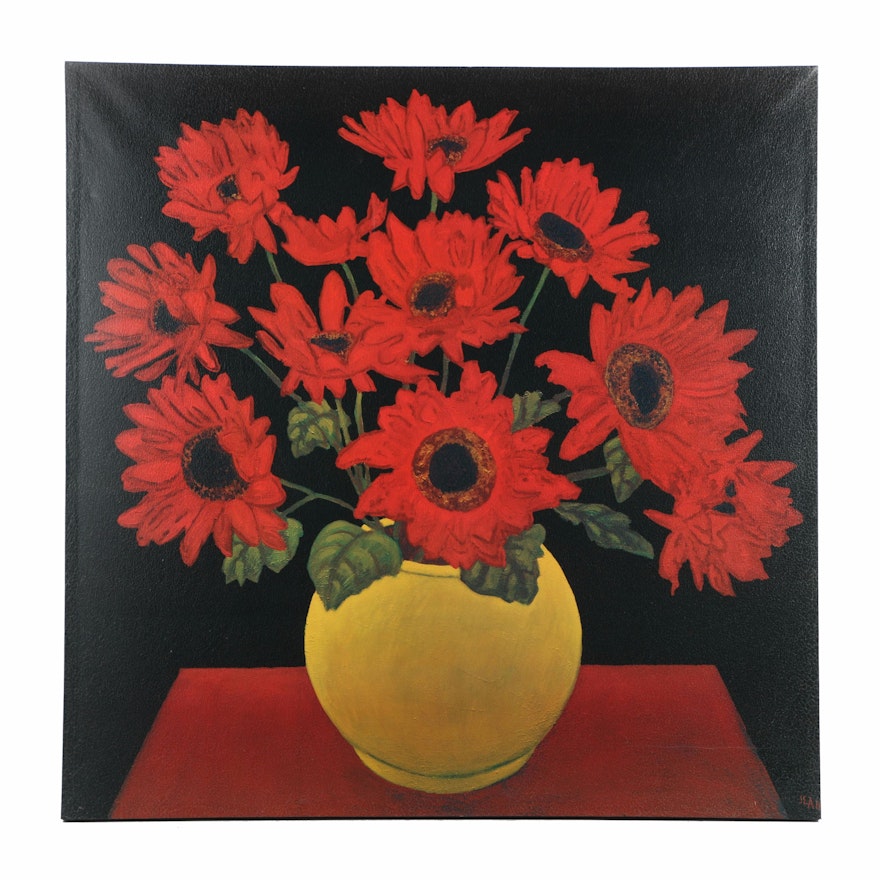 Offset Lithograph After Beverly Jean on Canvas "Red Daisies"