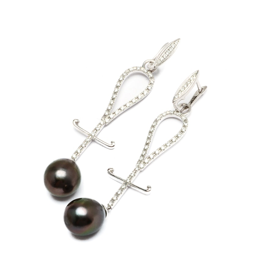 Tara & Sons 14K White Gold Cultured Black Pearl and Diamond Earring