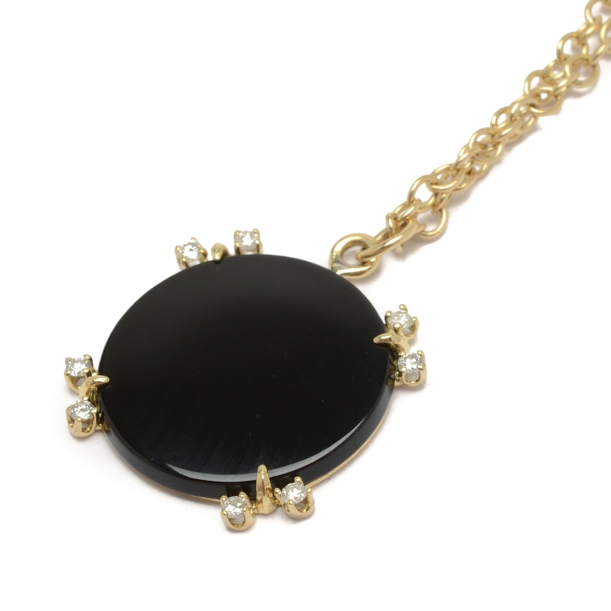18K Yellow Gold Black Onyx and Diamond Pendant Necklace