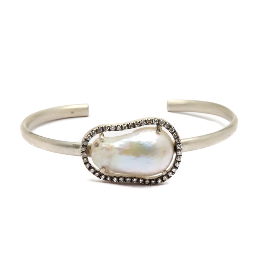 Jordan Alexander Sterling Silver Cultured Pearl and Diamond Cuff Bracelet