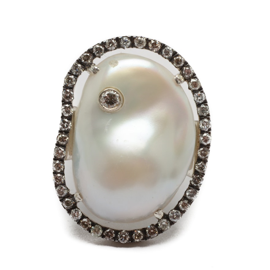 Jordan Alexander Sterling Silver Cultured Pearl and Diamond Ring