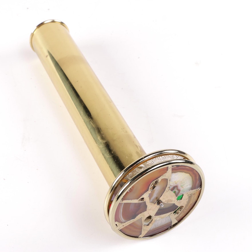 Vintage Double Wheel Brass, Glass, and Agate Kaleidoscope Signed "Mercedes"