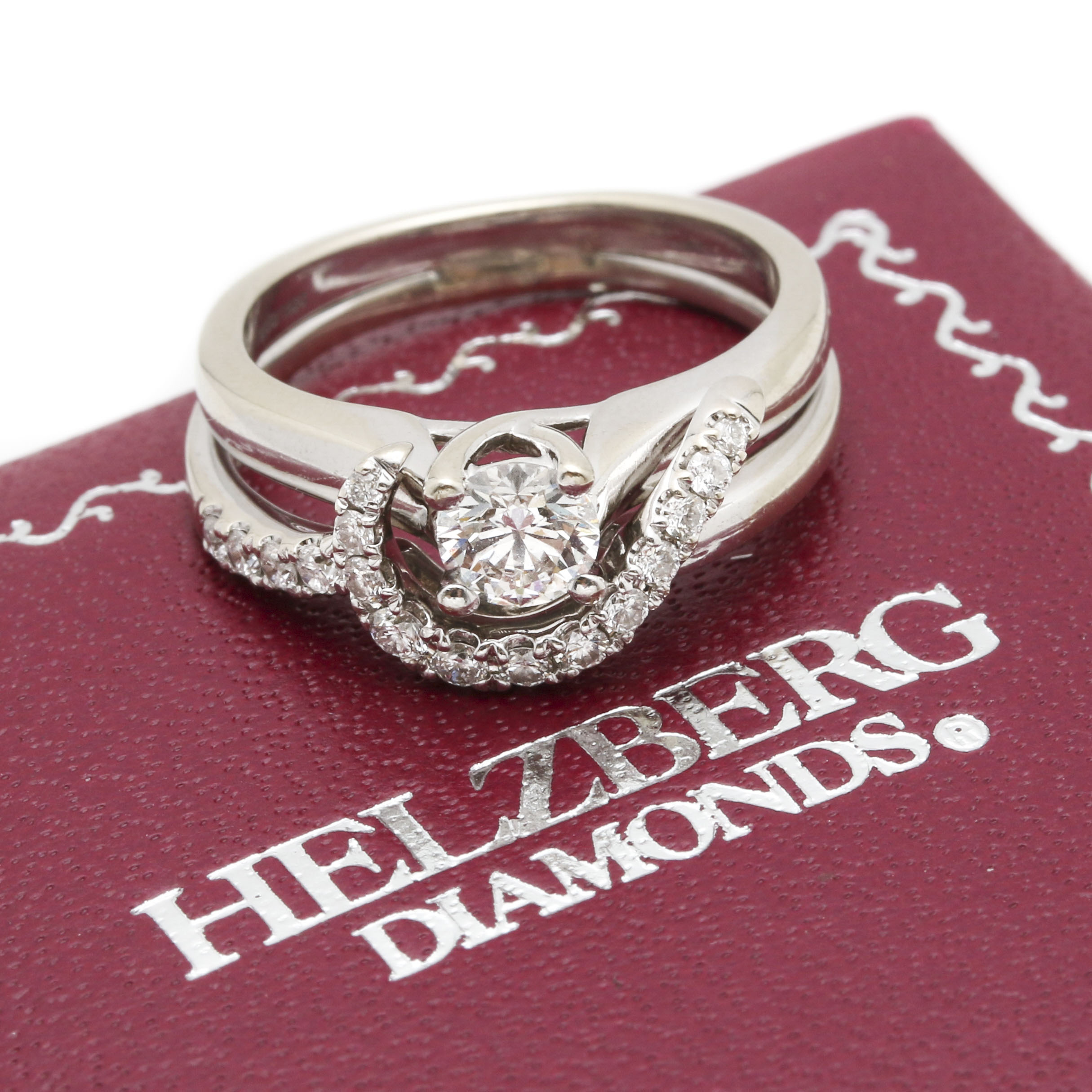 18K White Gold Diamond Helzberg Engagement Ring with 14K Diamond Band
