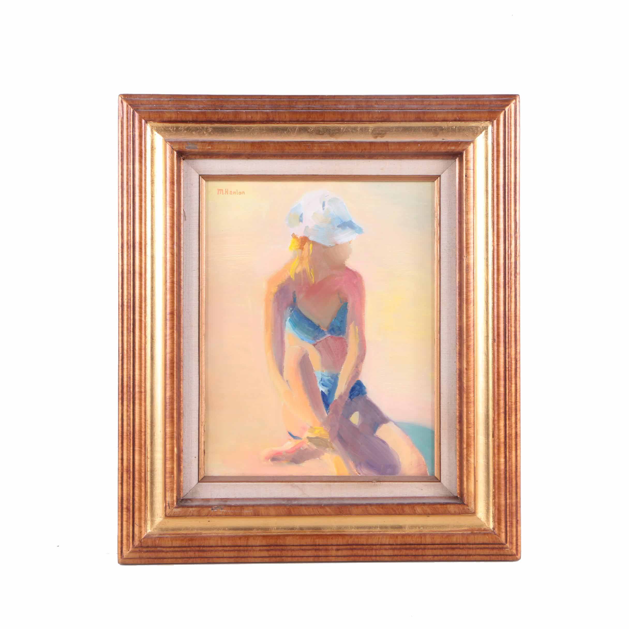 M. Hanlon Oil Painting of a Girl in a White Hat