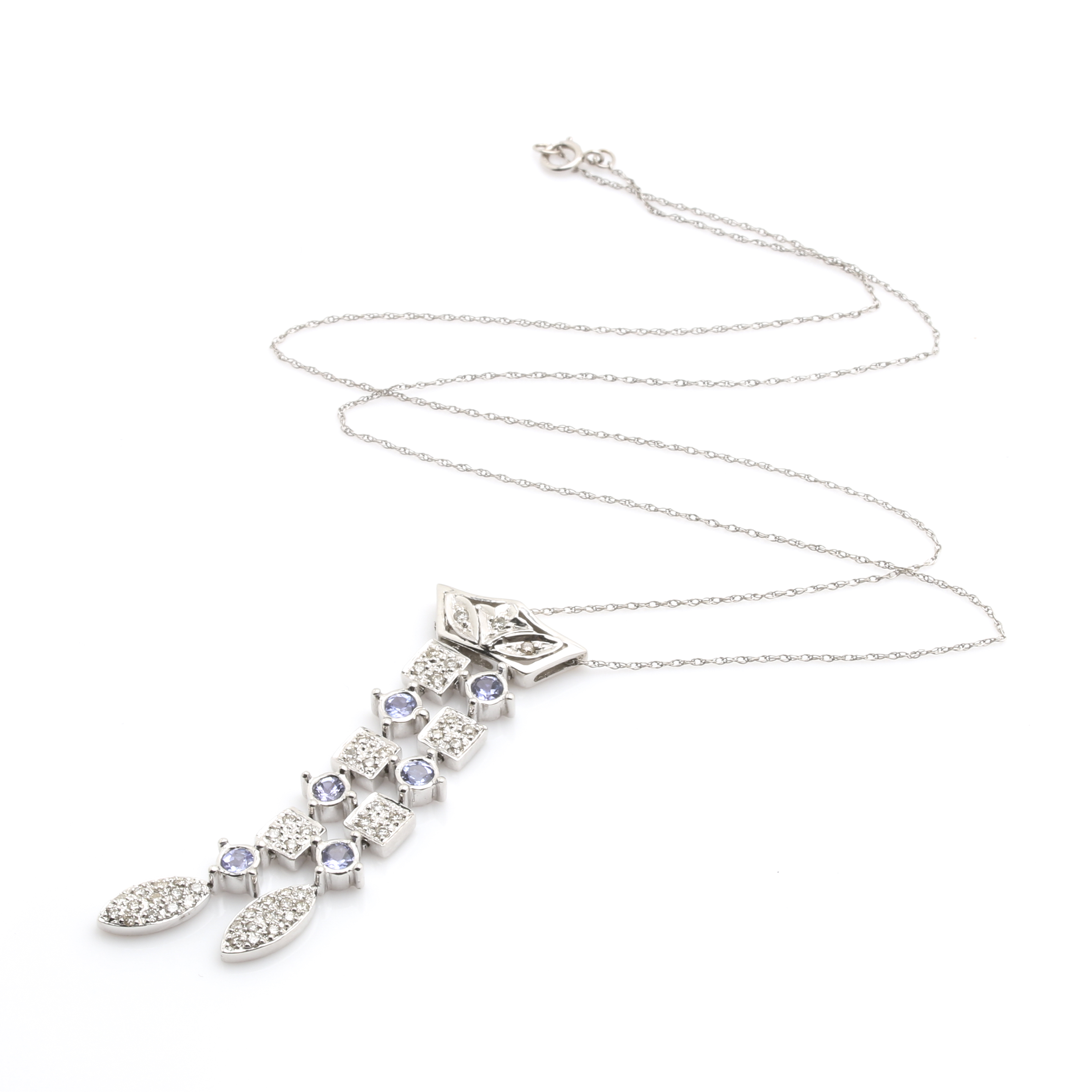 14k White Gold Diamond & Tanzanite Pendant Necklace