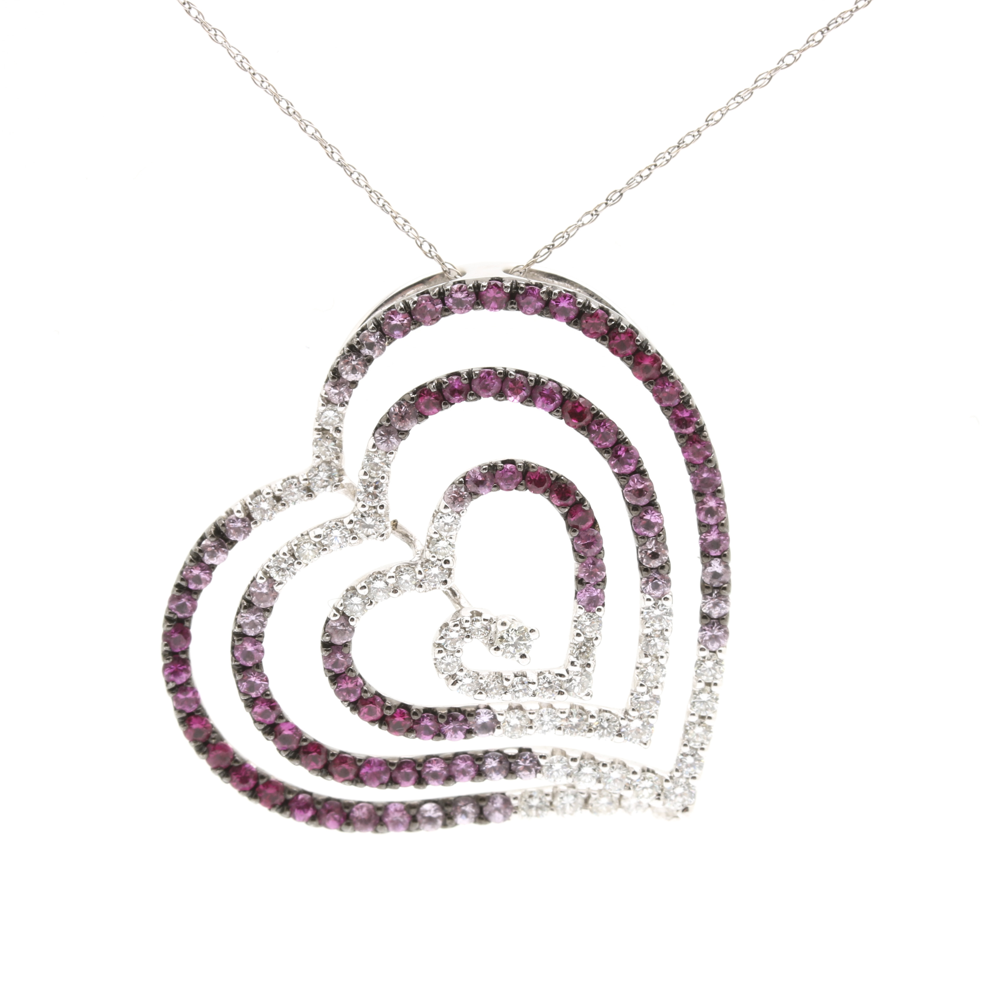 18K White Gold Diamond, Pink Sapphire, and Ruby Pendant With 14K White Gold Chai